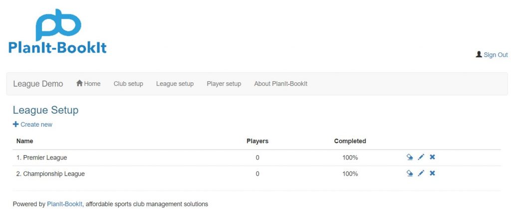 For this example I have created a second league called 2. Championship league. The blue icons you see to the right of each league let you reset, edit or delete each league.