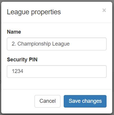 Pressing the blue edit league icon from the League Setup page pops up the league properties screen where you can update the Name of the league or change the leagues security pin. For simplicity you might want to use the same Security Pin for all leagues.