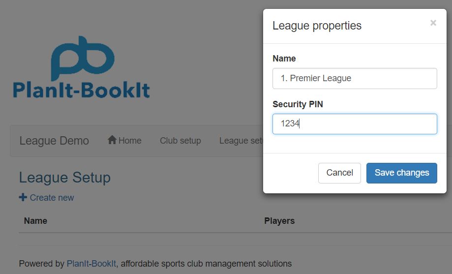 The league properties form will display on the screen. Enter the Name of the league and a Security Pin. Please note that leagues are displayed in alphabetic order so if you have less than ten leagues then you might want to label them 1. through to 9. For clubs with more than 9 leagues you could prefix them with A. B. C., etc. The Security PIN is the code that you will provide the players in the league so that they can enter their results into the system.