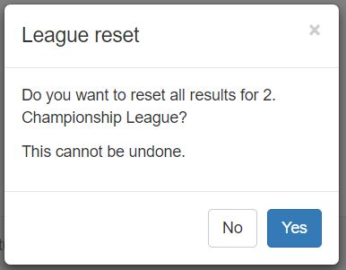 This waning message is displayed if you press the blue reset icon from the League Setup page. Pressing the Yes button will clear out any results that have been entered by the players.