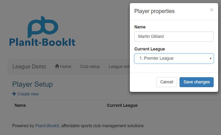 The player properties form will display on the screen. Enter the Name of the player and the select the Current League you want them to be in. Finish by clicking the blue Save changes button.