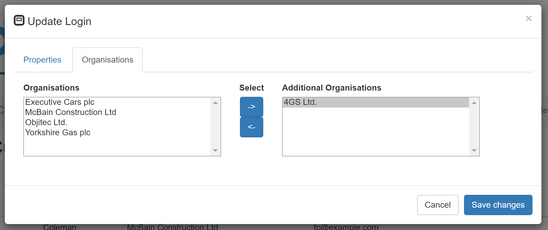 update-login-additional-organisations exec car adding an additional organisation